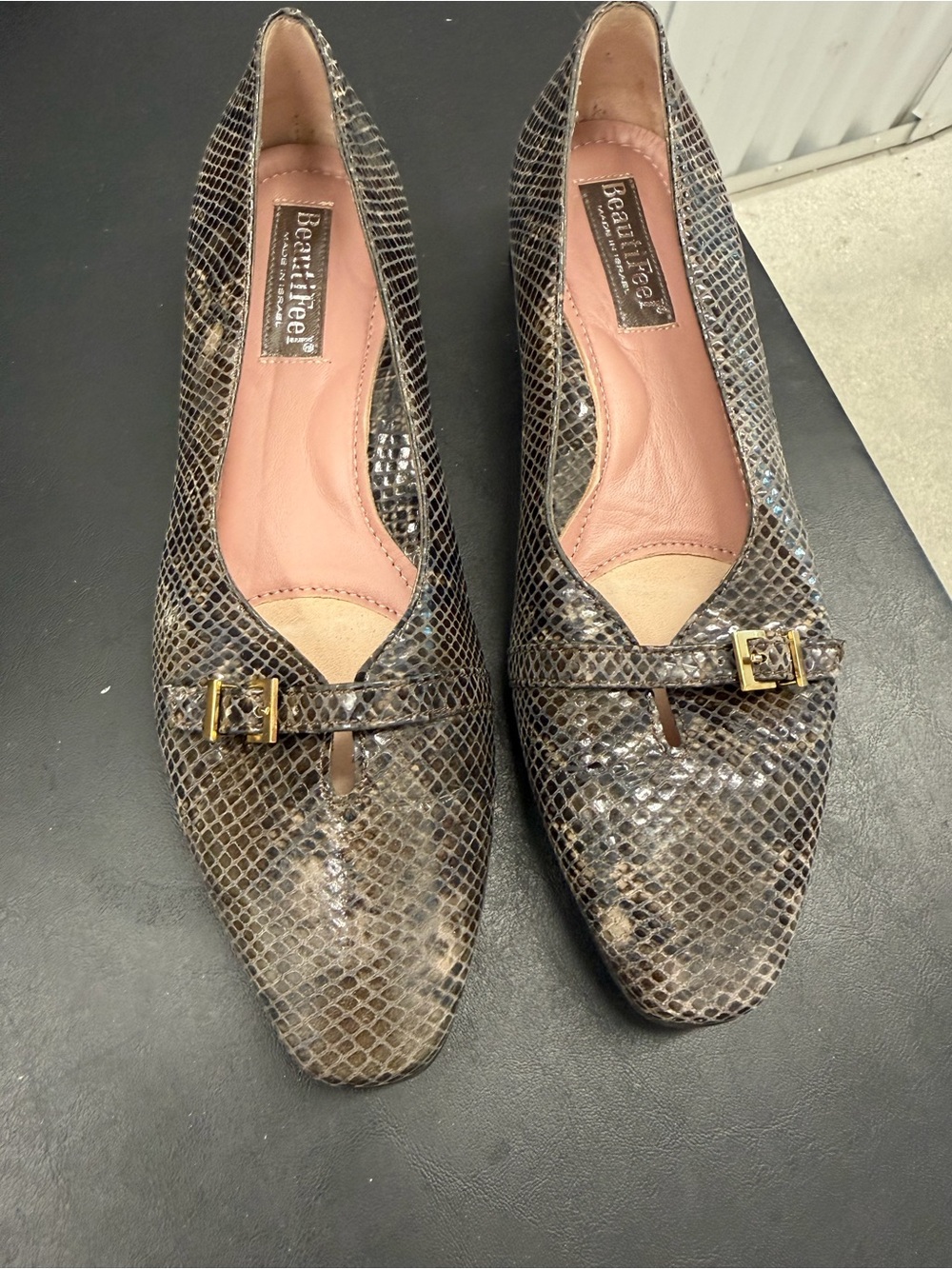 BeautiFeel Brown Snakeskin Ballet Flats with Gold Buckle Detail